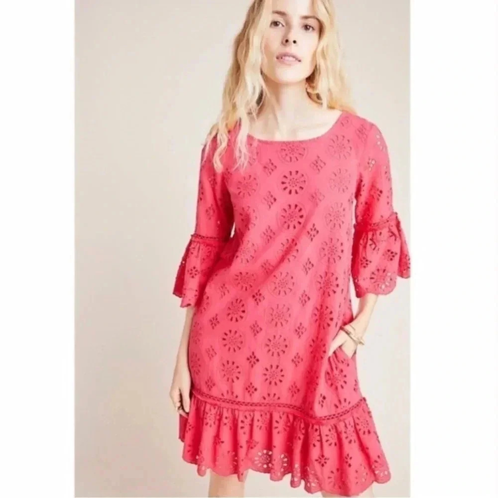 Anthropologie Pink Dani Lace Eyelet Tunic Dress Size 2